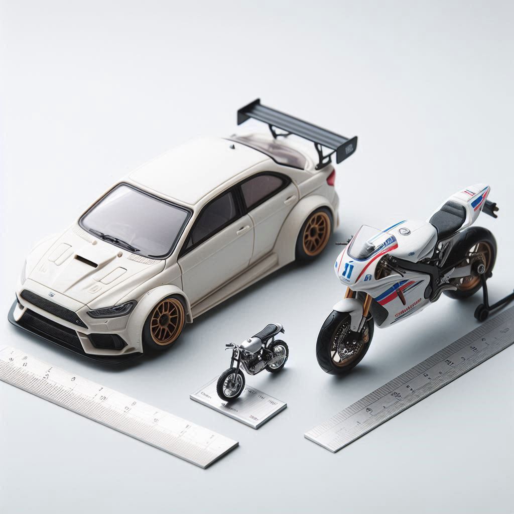 a miniature car and two miniature bikes next to each other along with measuring scales 